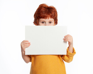 A beautiful European boy with red hair holds a white sheet of paper on a white background, looks out from behind it. Space for text, banners, labels, and ads.