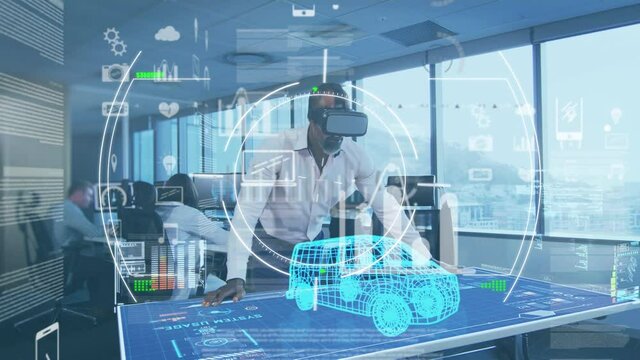Digital composite video of data processing, scope scanning and 3d car drawing against businessman