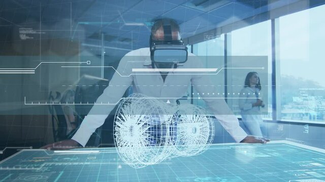 Digital composite video of data processing, statistics recording and 3d engine design against vr man