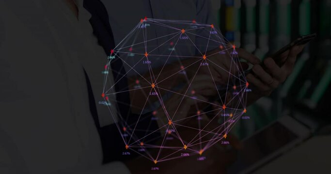 Digital composite video of web of connections with numbers moving against people using digital table - Powered by Adobe