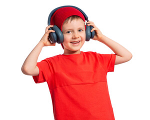 A child with headphones. Beautiful European boy listening to music with headphones, smiling, enjoying. Child in red on a white background. Favorite song. Music lover since childhood. DJ.