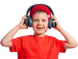A child with headphones. Beautiful European boy listening to music with headphones, smiling, enjoying. Child in red on a white background. Favorite song. Music lover since childhood. DJ.