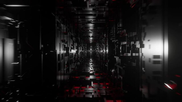 Dark futuristic cybernetic tunnel. looping animation. Strange abstract computer server farm. Space station inner core. Unknown underground subway. Mysterious journey.