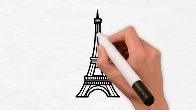 Hand drew frame by frame animation of Eiffel tower design with a white background.
