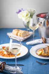 luxury french restaurant image, seabass poele with white wine