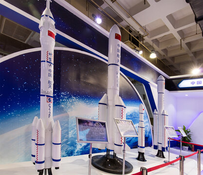 BEIJING, CHINA-JUN 10, 2017: Chinese launch vehicles models are displayed at the China Beijing International High-tech Expo 2017.