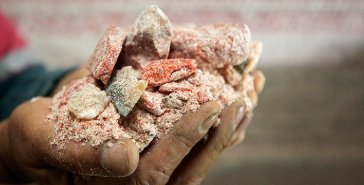 A worker holds a piece of sylvinite mineral ore