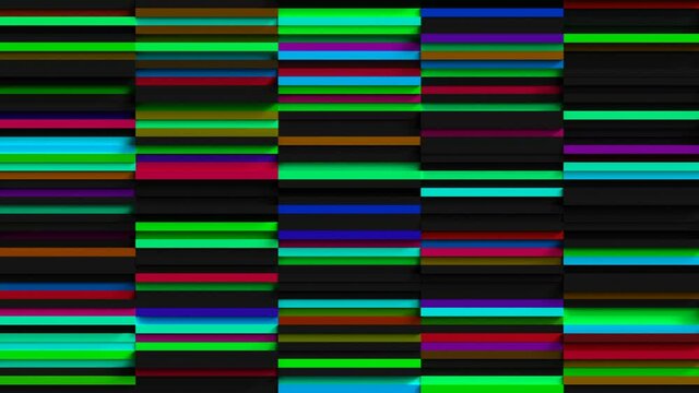 Colorful Stripes Loop 1 Multicolor 4: many thin rectangles surface moving fast and changing color. Space gray rectangles and rainbow color rectangles. Black and colorful background. Seamless loop. 4K