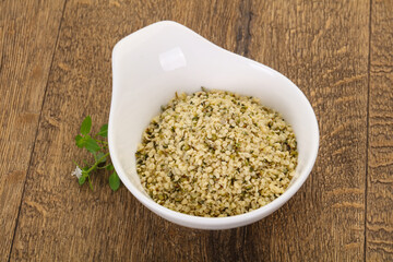 Peeled hemp seeds in the bowl