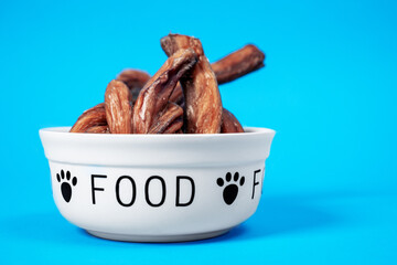 Ceramic bowl with heap of tasty dried snacks pet  food on blue background, front view. Healthy nutrition