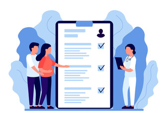 Young pregnant woman and man, family at consultation with doctor. Pregnancy health monitoring. In vitro fertalization. Expectant mother and father, motherhood and fatherhood, mother and father. Vector