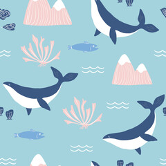 Simple whale Orcas, pink mountains and sea shells blue background seamless pattern. Vector illustration. Repeating pattern design.