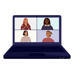 Video Conference Call. Web communication icon. Group of People Talking on Computer Laptop Screen Web Camera. Online courses, digital and distance online teaching and learning concept.