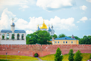 Fototapeta na wymiar Veliky Novgorod, Russia. Novgorod Kremlin at Volkhov River