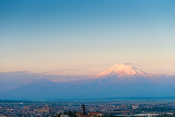 View of Big Ararat and Ararat at sunrise, landscape of Armenia