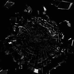 Mirror glass windor broken and splash to camera may pieces.More detail shape reflection refraction with 3d rendering.