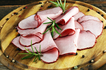 glazed sliced ham or boiled Ham Slices, thinley cuts on table