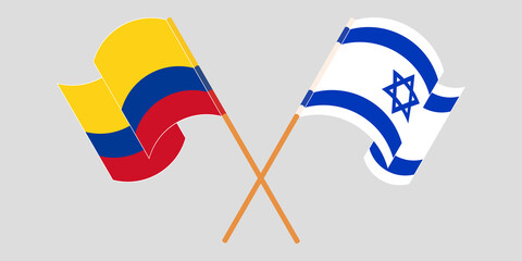 Crossed and waving flags of Colombia and Israel