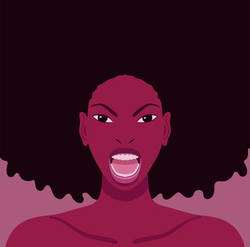 Vector portrait of young black woman with long curly hair who has an angry expression