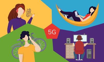 Illustration of people using 5G internet for listening music, working from home, geming, streaming, travelling.
