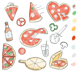 Set of sketch pizza. Good party, beer, food, heart