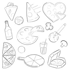Set of sketch pizza. Good party, beer, food, heart