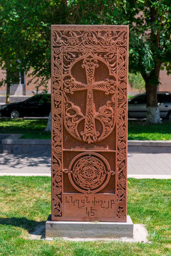 Beautiful traditional Armenian stone carving - khachkar in the center of Yerevan, Armenia