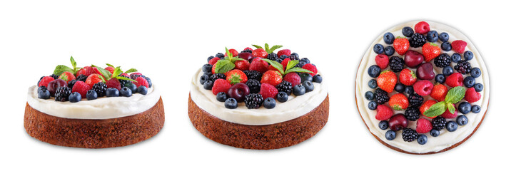 Cake with cream cheese frosting, mint leaves and berries jn a white isolated background