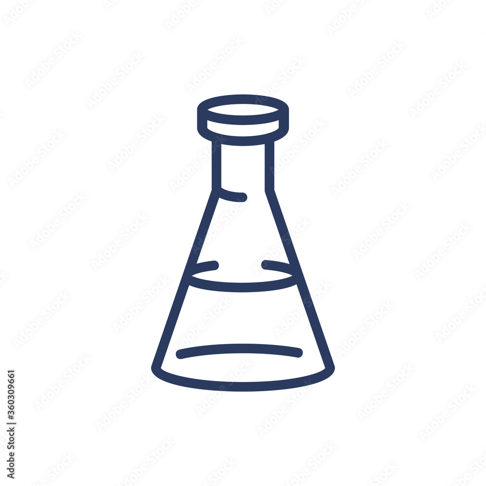 Poster liquid in triangular flask thin line icon. glass, reagent, mixture isolated outline sign. chemistry 