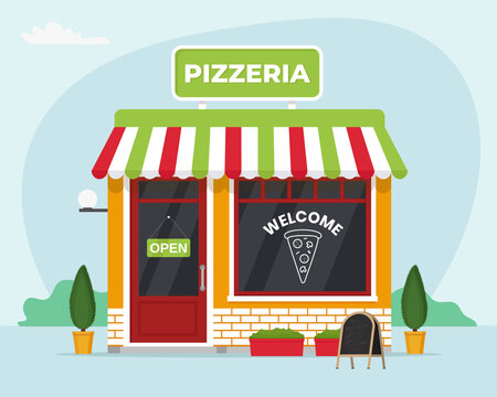 Pizzeria store front. Commercial, property, market caffee. Vector illustration in flat style