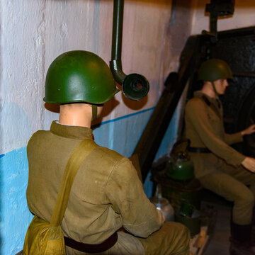 MINSK, BELARUS - MAY 4, 2018: Soldiers inside a Militar Bunker,  Historic cultural complex called Stalin Line (fortifications along the western border of the Soviet Union)