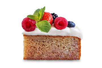 Cake with cream cheese frosting, mint leaves and berries jn a white isolated background