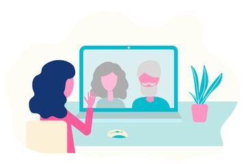 Video conference. Elderly parents, grandparents, grandfather, grandmother on computer screen talking, virtual meeting. Online communication vector concept in flat design.