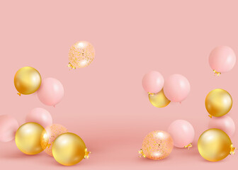 Set of pink, golden balloons flying on the floor. Celebrate a birthday, Poster, banner happy anniversary. Realistic decorative design elements. Festive pastel pink background with helium balloons.