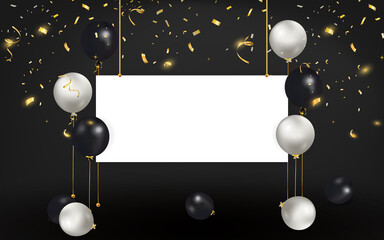 Set of colorful balloons with confetti and empty space for text. Celebrate a birthday, Poster, banner happy anniversary. Realistic decorative design elements. Festive background with helium balloons