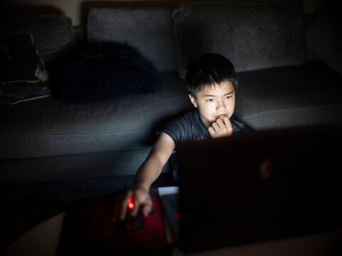 A 12 year-old boy uses computer in dark room