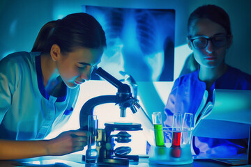 Two beautiful schoolgirls doing experiment together in the laboratory. Concept of covid 19 pandemic.