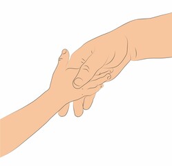 Child and adult hands hold each other. Sketch in color. Illustration on a white background.