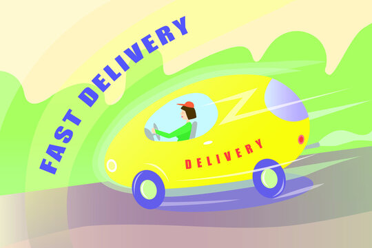 Vector graphics. Fast shipping. Girl driving a car. Delivery.