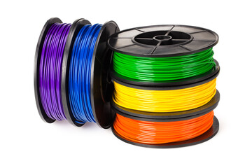 Black, red, blue, green, violet, orange, yellow, white filament 3d printer isolated on white...