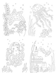 Cute underwater sea coloring book page for kids. Cartoon cute marine wild animals, sea elements. illustration. Black and white hand drawn doodle for coloring book. Ocean animal