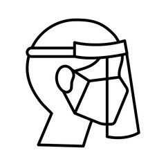 man wearign medical mask and shield accessory line style icon