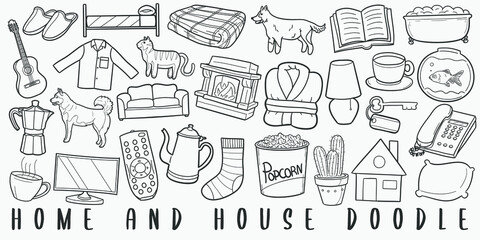 House Doodle Line Art Illustration. Hand Drawn Vector Clip Art. Banner Set Logos.