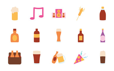musical note and liquor bottles icon set, flat style