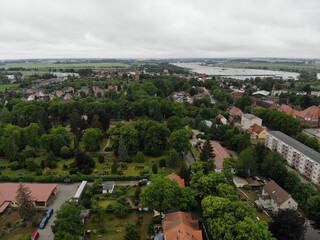 Aerial view of hanseatic league Anklam a town in the Western Pomerania region of Mecklenburg-Vorpommern, Germany. It is situated on the banks of the Peene river.