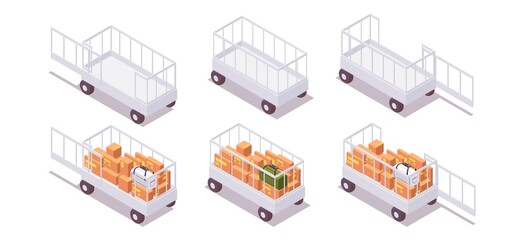 Isometric set open airport baggage trailer baggage cart, luggage carts, luggage trolleys full and empty, with open door