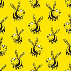 Funny bees collect nectar. Seamless pattern. Can be used as patterns for wallpapers, textiles, backgrounds. Cartoon graphics.