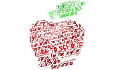 "Back to School" tag cloud in the shape of an apple for background graphic