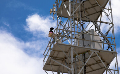 Close-up of port radar sonar installation for navigation in the harbor. Nautical electronic system with fish eye camera