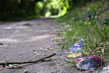 Road in the forest with multi-colored stones on the side